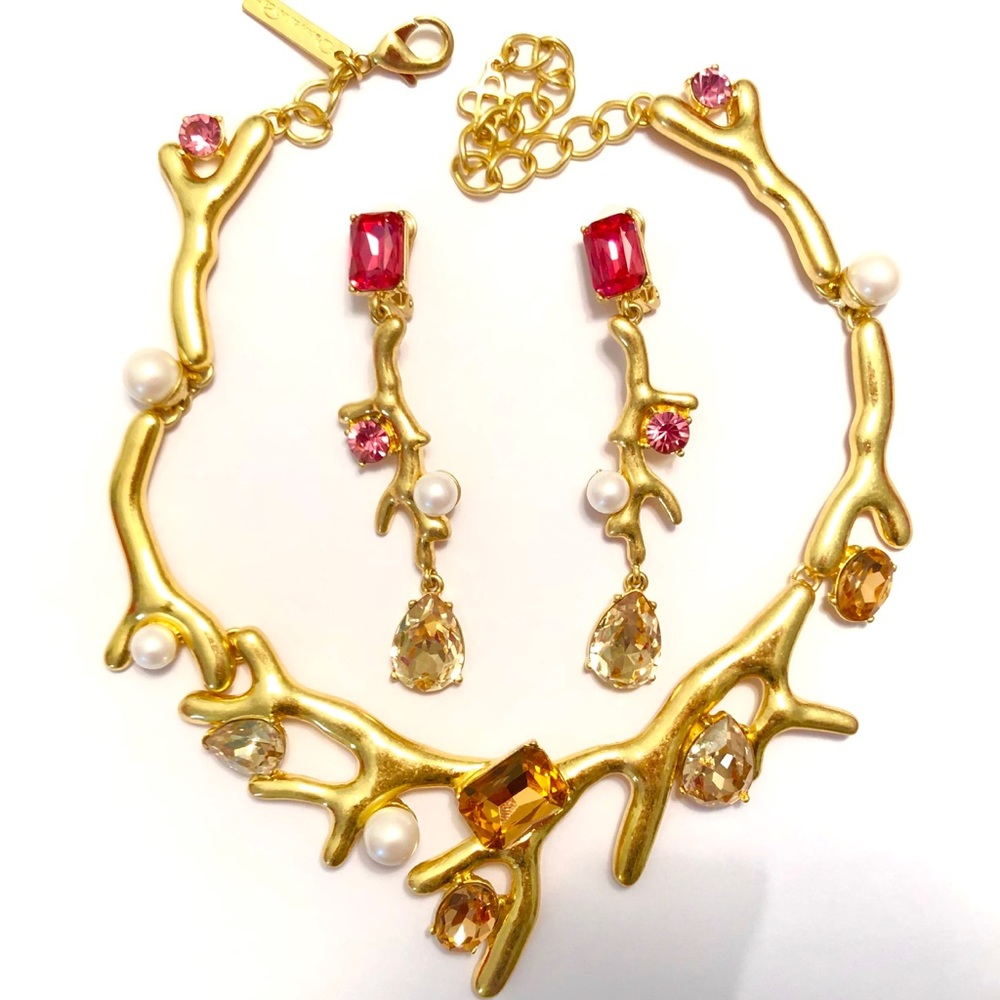 Oscar de la Renta Rose Crystal Coral Necklace set